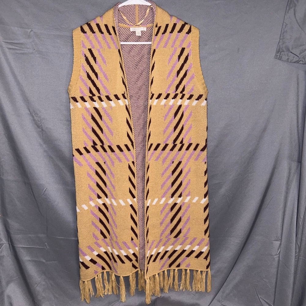 Cato Womens XS Longline  Duster Vest Plaid Fringe Open Front Tan Purple‎